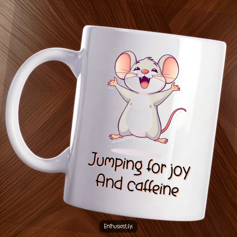 Funny mouse mug showing a delighted character jumping up and down with extreme excitement. Ideal gift.