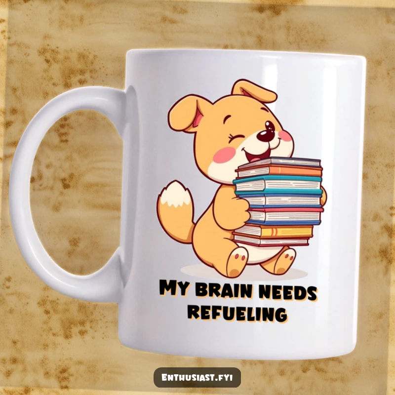 Funny dog mug with a wagging tail, excitedly gripping a huge stack of books, representing a pure love for reading.