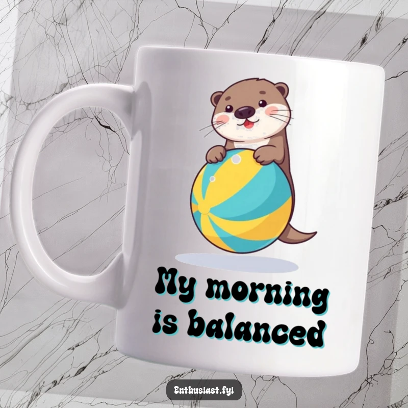 Funny mug featuring an energetic otter hilariously balancing on a bright, colorful beach ball, embodying pure joy and playfulness.