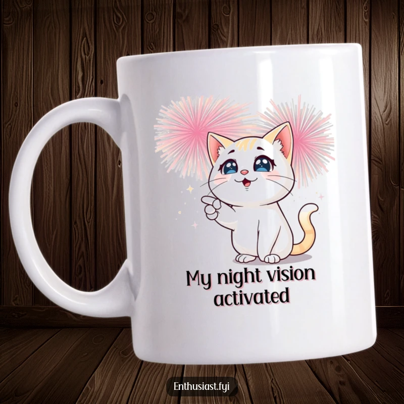 Funny cat mug with sparkling eyes pointing excitedly at a vibrant, bursting fireworks show, capturing pure joy and wonder.