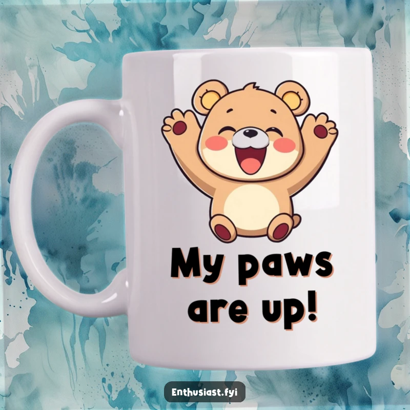 Funny mug featuring a delighted bear character with paws in the air, smiling wide, celebrating a moment of pure joy. Great gift.