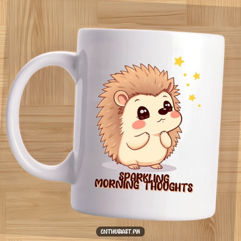 Funny mug featuring a thoughtful hedgehog with a look of wonder, watching magical fireflies illuminate the night.