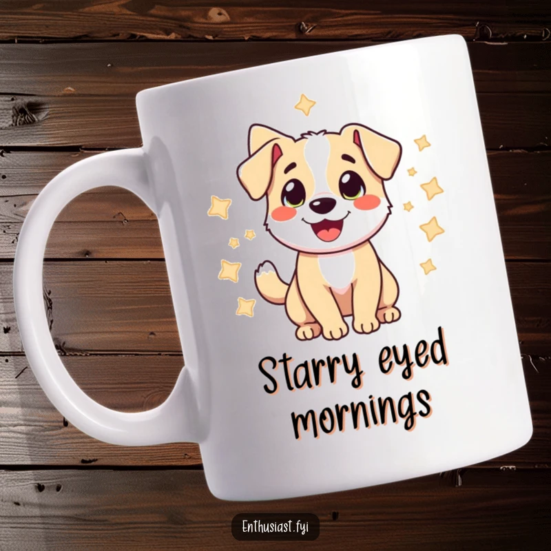 Funny mug featuring a happy dog wagging its tail amidst sparkling stars, radiating pure joy and excitement.