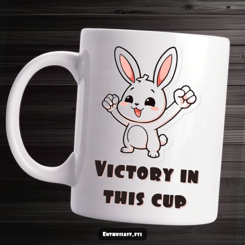 Funny mug showcasing a determined rabbit character, pumping its fist in the air with energetic motivation and a winning spirit.