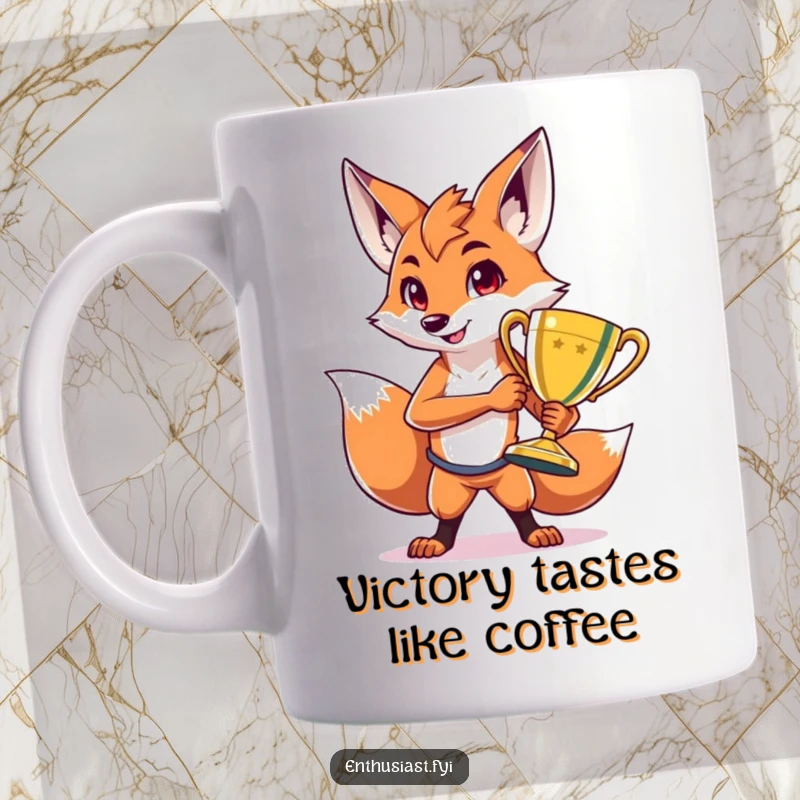 Funny mug featuring a proud fox character striking a victorious pose with a giant, shiny trophy, celebrating a win with confidence and humor.