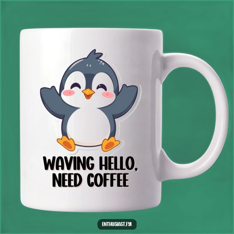 Funny Penguin Greeting Mug: Start Your Day with This Hilarious Waving Character