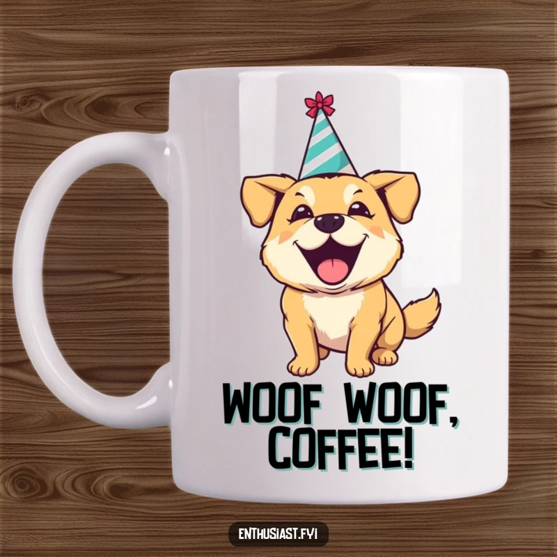 Funny mug showing an excited dog wearing a party hat, happily barking with pure, unadulterated joy.