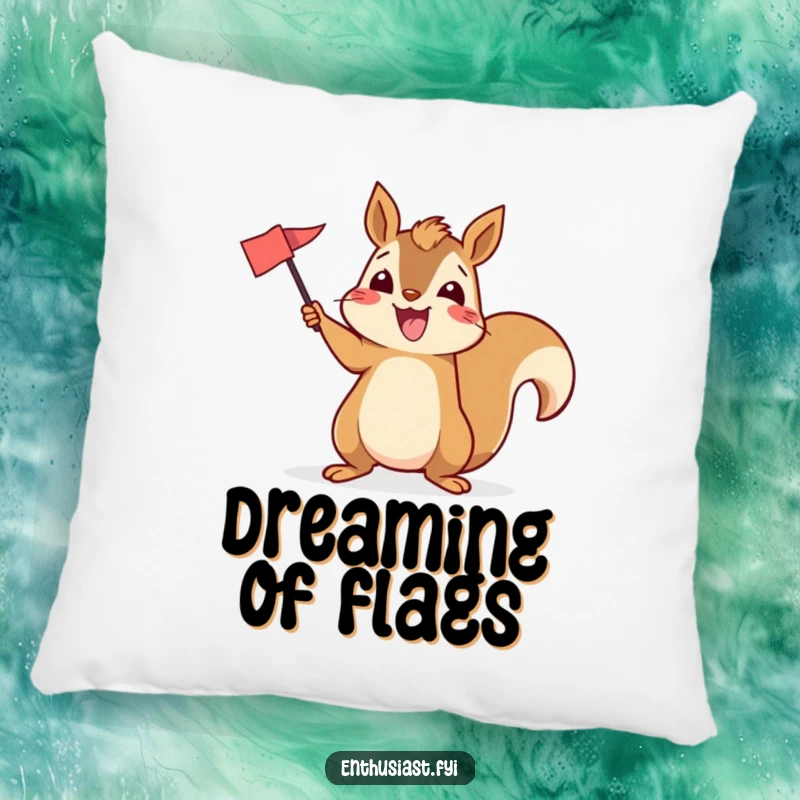 Funny pillow featuring an excited squirrel enthusiastically waving a flag, adding a cozy and spirited touch.