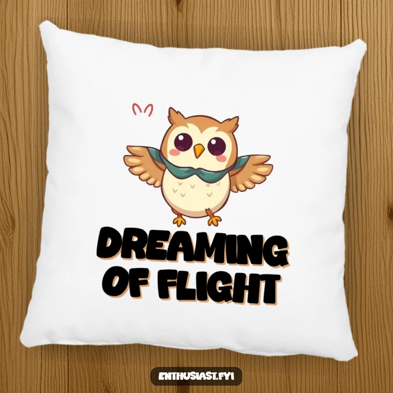 Funny owl pillow, a triumphant owl wearing a cape flying with enthusiasm, offering comfort and heroic charm.