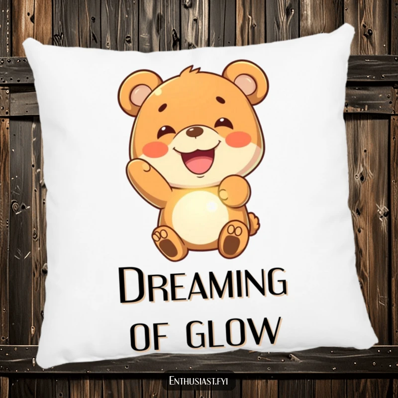 Funny bear pillow with a joyful bear's wide grin holding a radiant, imaginary glowing object, offering comfort and cheerful vibes.