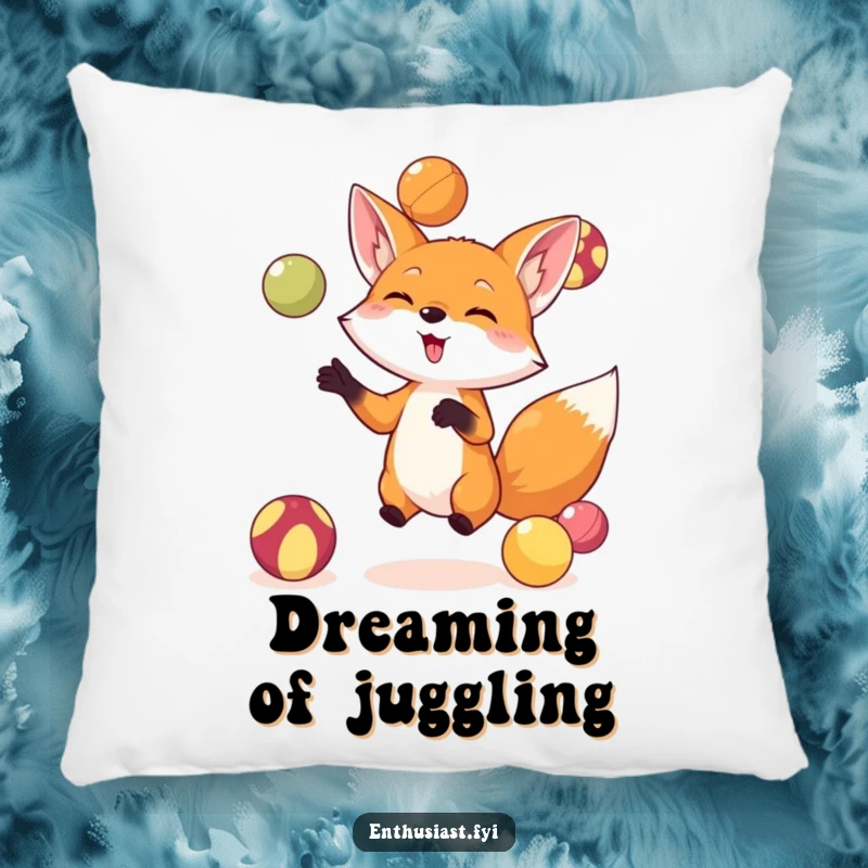 Funny fox pillow featuring a small, artistic fox enthusiastically juggling colorful balls, offering both comfort and a delightful, humorous visual.