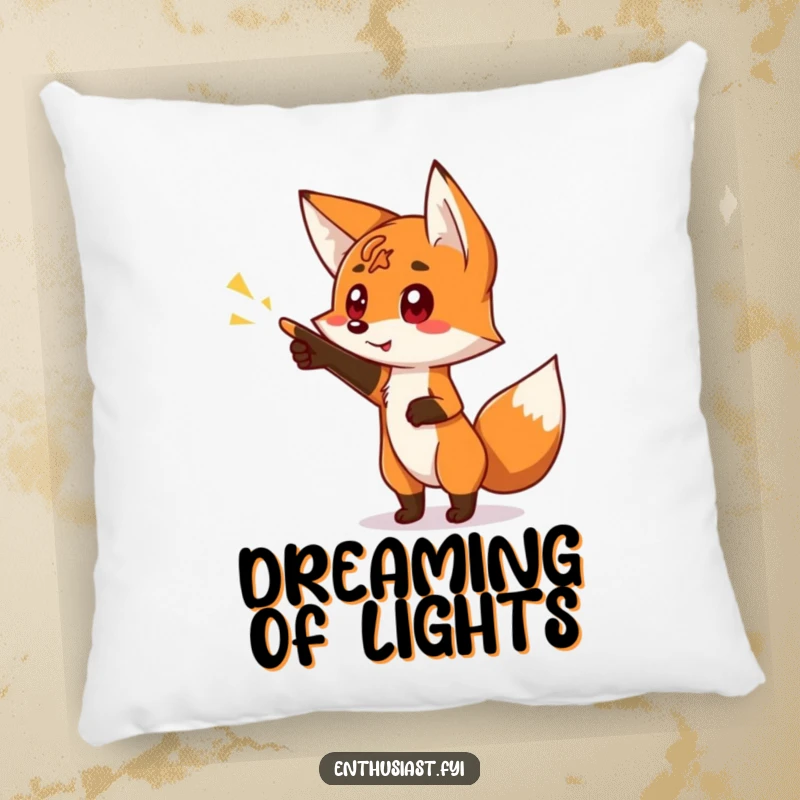 Funny pillow with a curious fox character pointing at a bright, glowing sign, adding a cozy and adventurous feel.