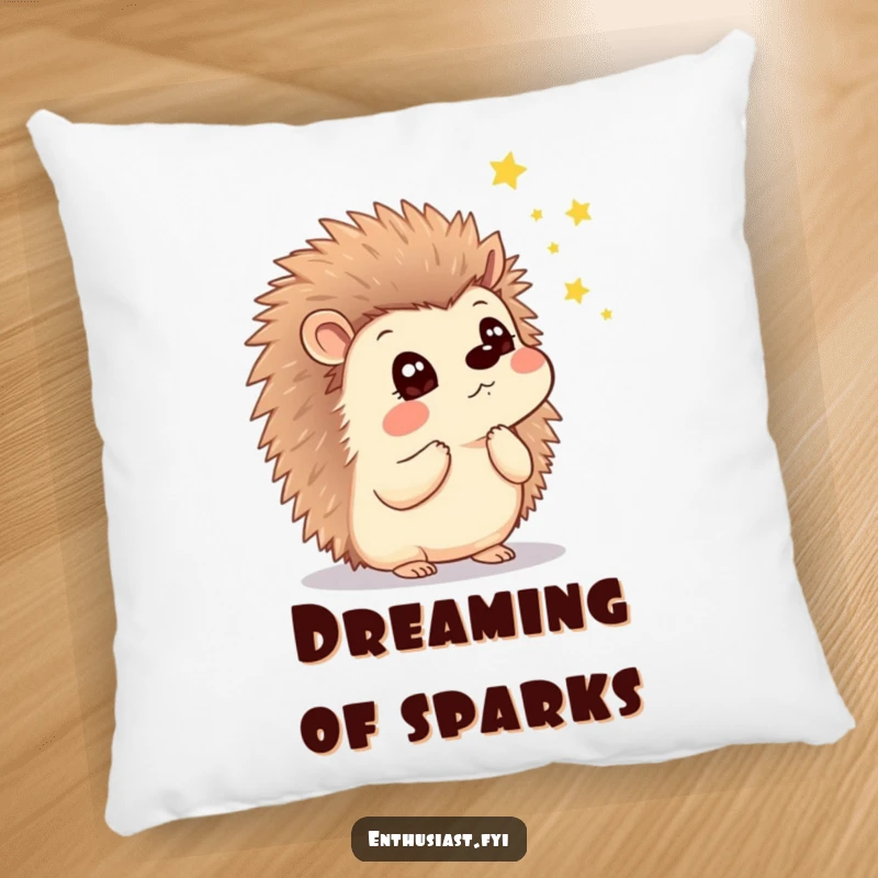 Funny pillow featuring a thoughtful hedgehog with a look of wonder, watching enchanting fireflies, designed for comfort and charm.