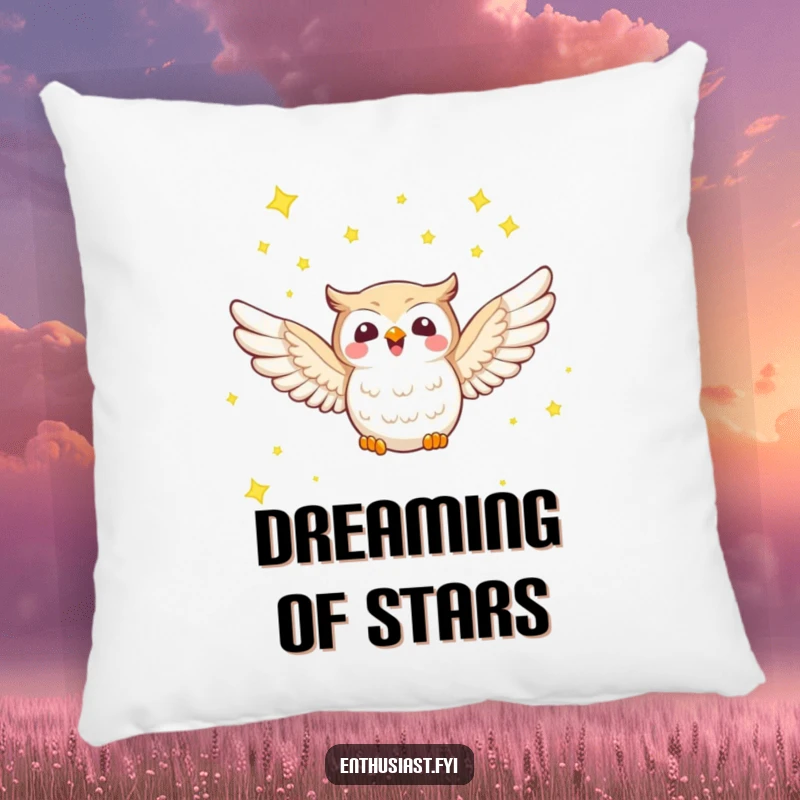 Funny pillow with a joyful owl character soaring through a sky filled with twinkling stars, offering comfort and cosmic charm.