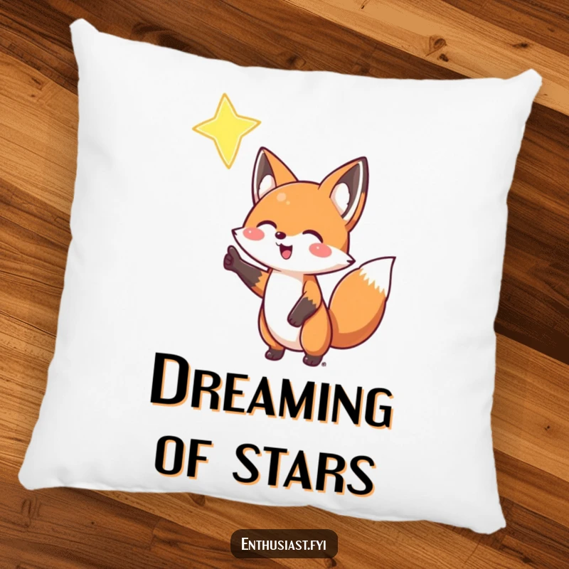 Funny Fox Pillow: A happy fox enthusiastically points to a star, offering comfort and celestial charm, an excellent funny gift.