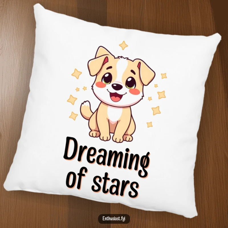 Funny pillow depicting a cheerful dog wagging its tail amongst stars, offering comfort and a delightful, happy vibe.