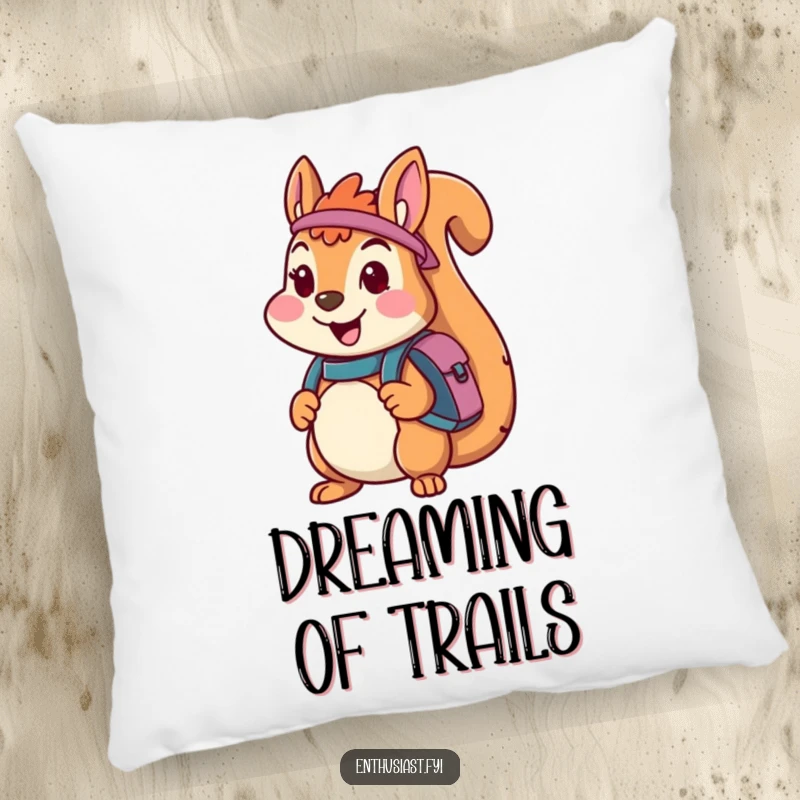 Funny pillow featuring a cheerful squirrel character with a backpack, looking ready for an adventure, perfect for adding a cozy, explorer vibe.