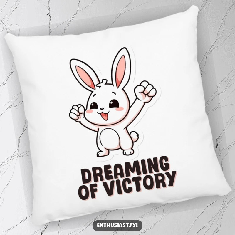 Funny pillow featuring a cute rabbit character pumping its fist, symbolizing motivation and enthusiastic celebration for relaxation.