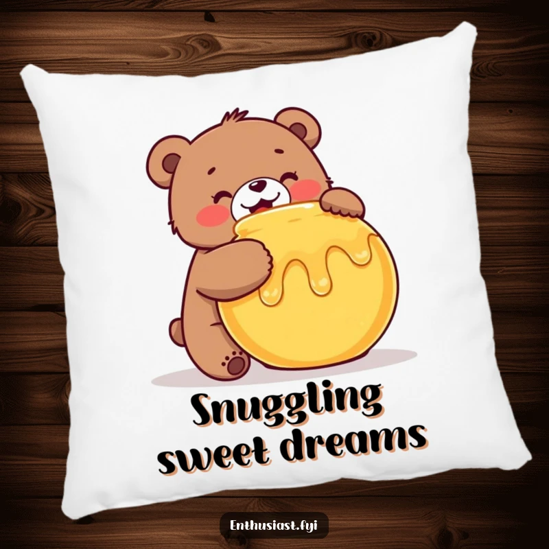 Funny Bear Pillow: A happy bear enthusiastically hugs a honey pot, offering cozy comfort and sweet charm, an excellent funny gift.