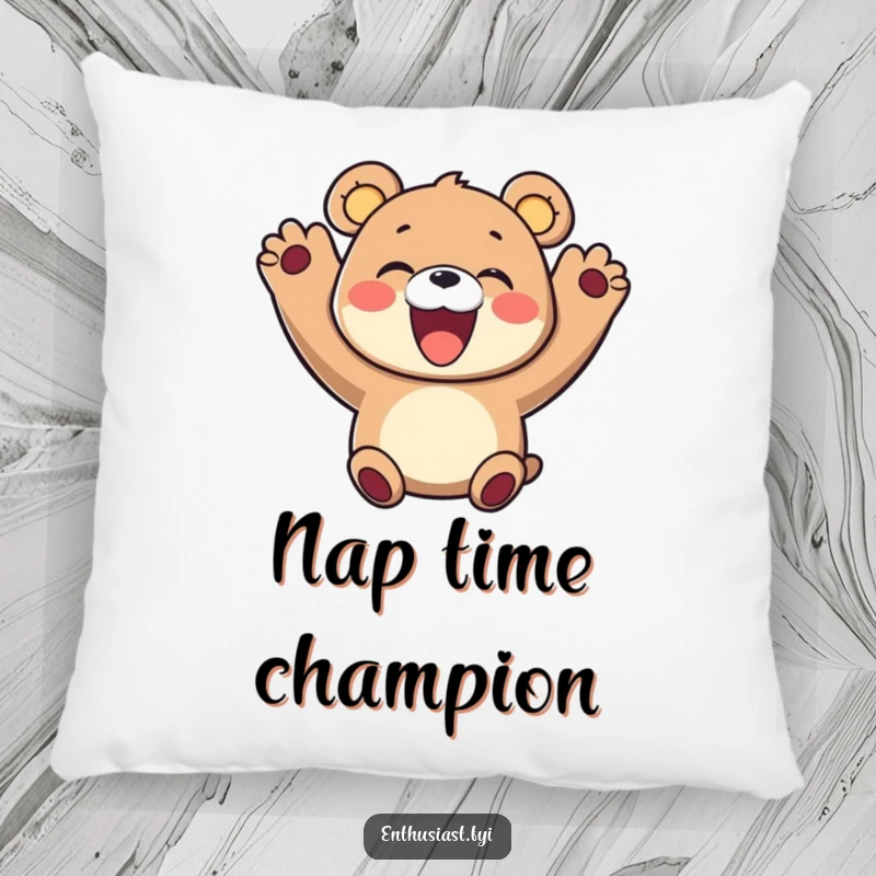 Funny pillow with a delighted bear character cheering with paws up and a wide, happy smile, bringing cozy cheer and humor.