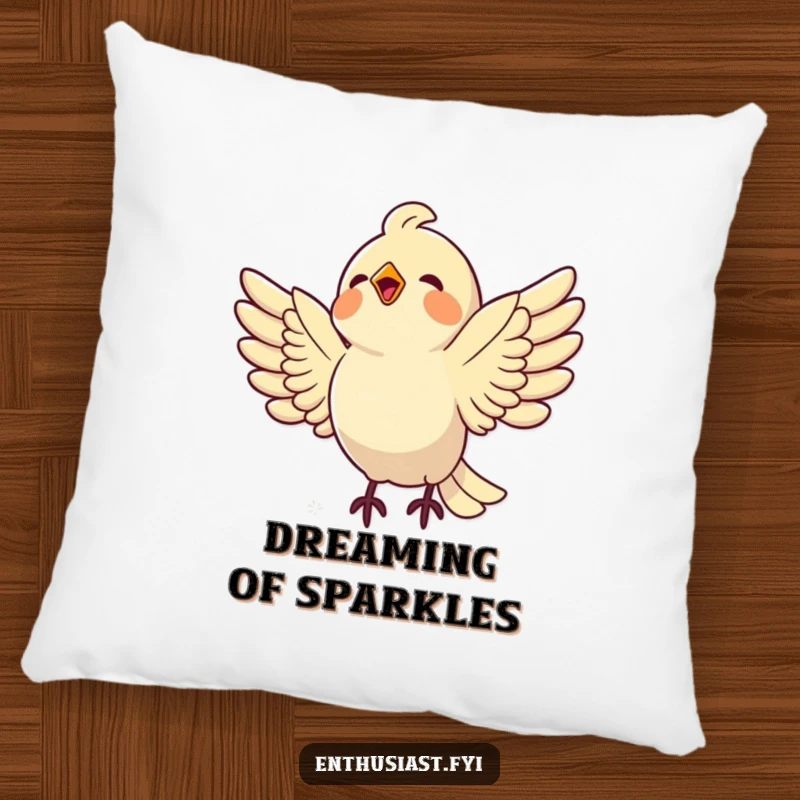 Funny bird pillow illustrating a delighted bird with spread wings, swooping down towards a shiny object, bringing cheerful humor.