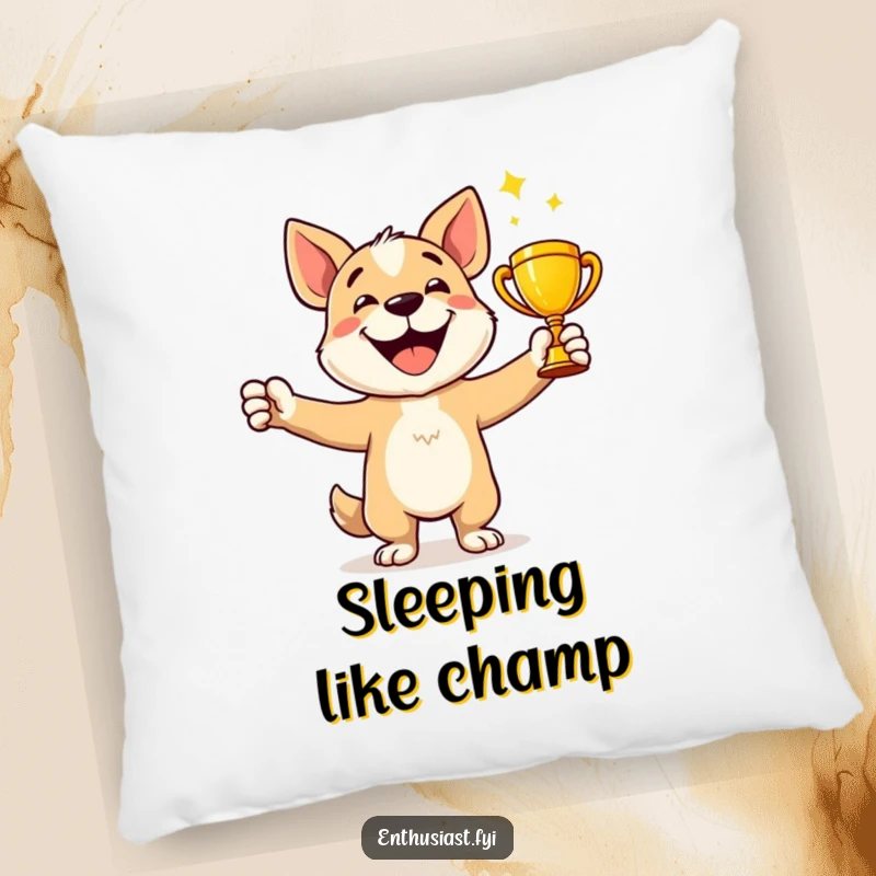 Funny Pillow: Happy dog character celebrates holding a shiny trophy, a soft symbol of victory.