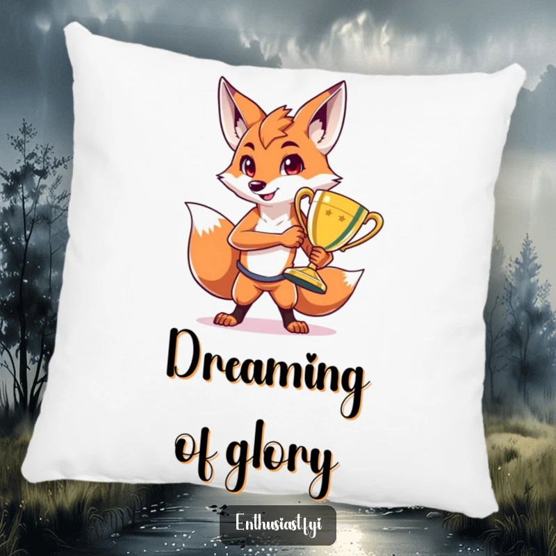 Funny pillow featuring a proud fox character holding a massive, shiny trophy, designed for comfortable display and evoking a sense of playful victory.