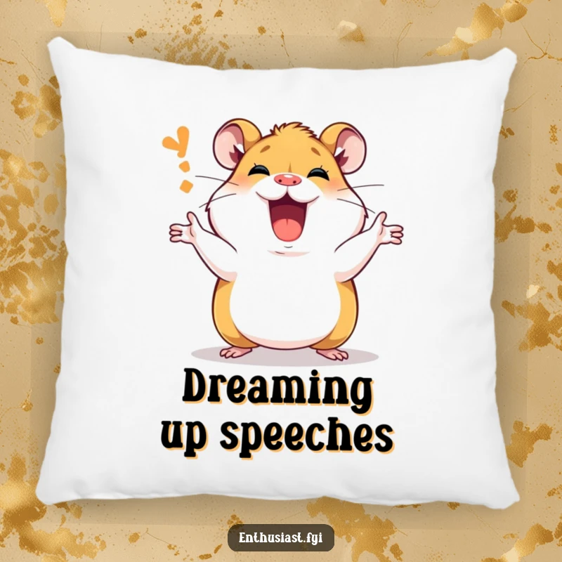 Funny Pillow featuring a passionate hamster character explaining with animated gestures, offering comfort and a humorous conversational vibe.
