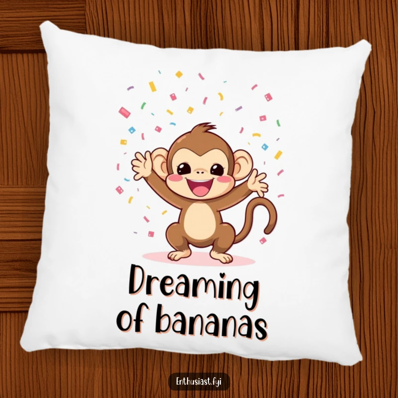 Funny monkey pillow featuring a happy character throwing confetti, perfect for lounging and festive decor.