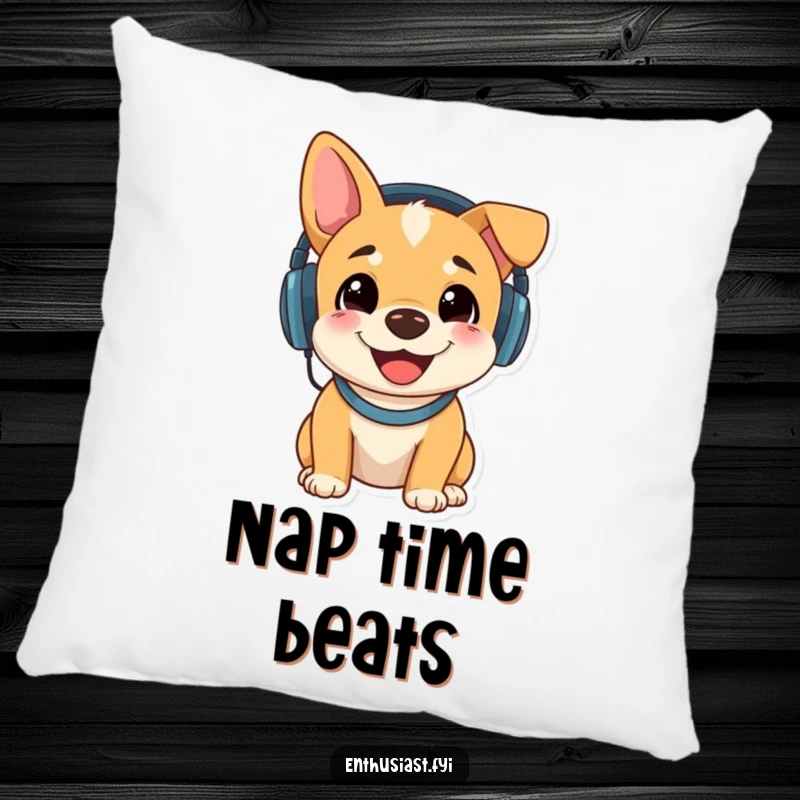 Funny pillow with a happy dog wearing headphones and intensely enjoying music, adding a cozy and cheerful touch.