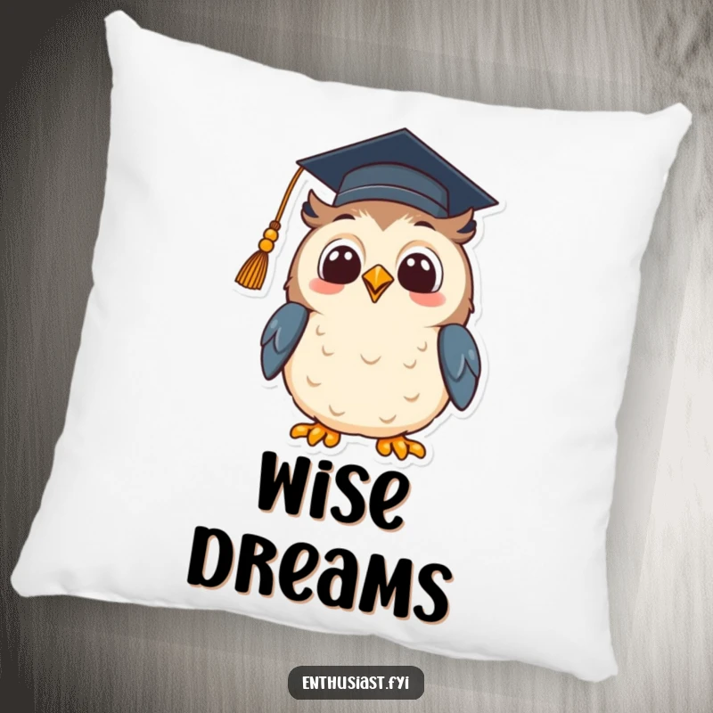 Funny pillow featuring a beaming owl wearing a graduation cap, looking up with hopeful excitement, perfect for adding cozy, scholarly comfort.