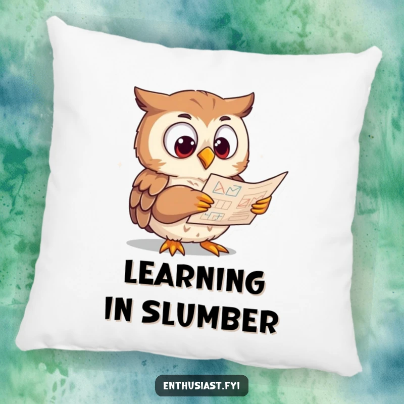 Funny Pillow showcasing an eager owl intently studying a complex diagram with wide eyes, a humorous and cozy item.