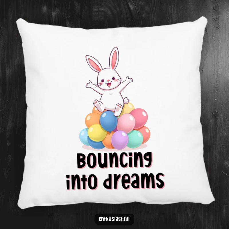 Funny pillow featuring a rabbit enthusiastically leaping over colorful balloons, providing comfort and festive decor.