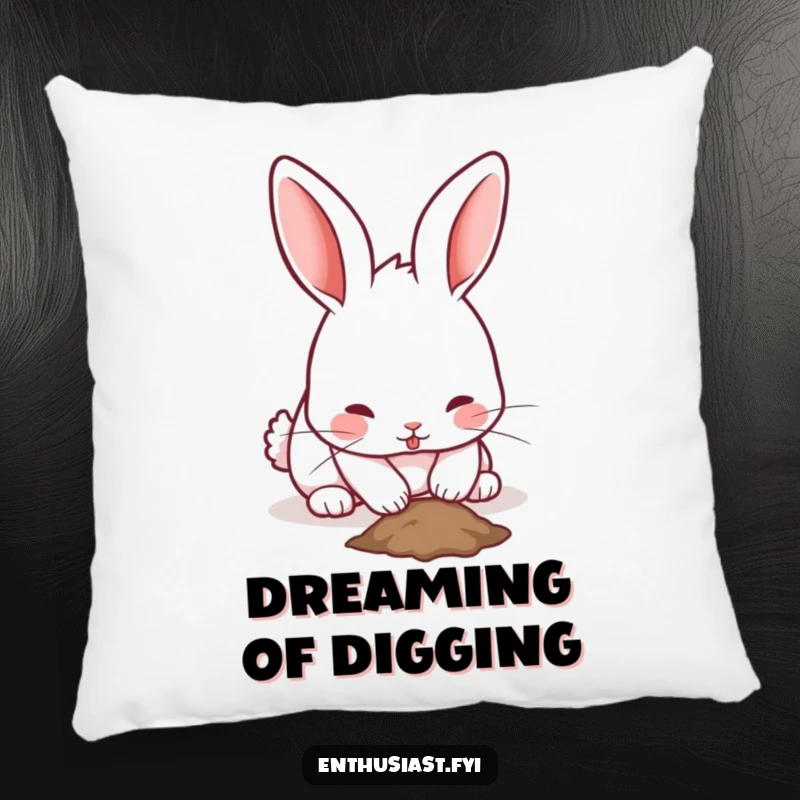 Funny rabbit pillow featuring a playful bunny with twitching ears, enthusiastically digging a small hole, for cozy comfort.