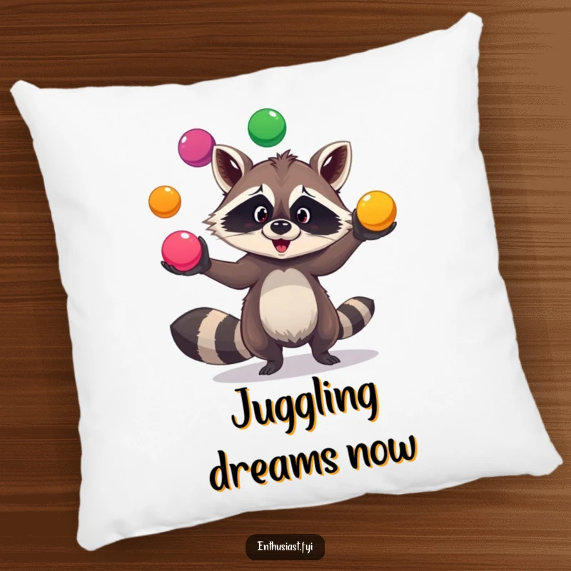 Funny raccoon juggling pillow features a goofy raccoon juggling colorful balls, providing soft comfort with a playful vibe.