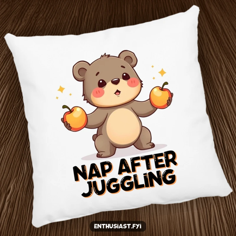 Funny bear cub pillow, depicting a determined cub enthusiastically juggling shiny apples. Soft and humorous decorative cushion gift.