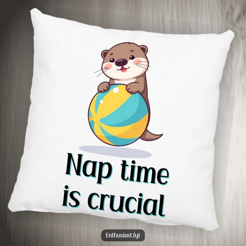 Funny pillow showcasing an adorable otter hilariously engaged in balancing on a colorful beach ball, perfect for adding humor to any room.