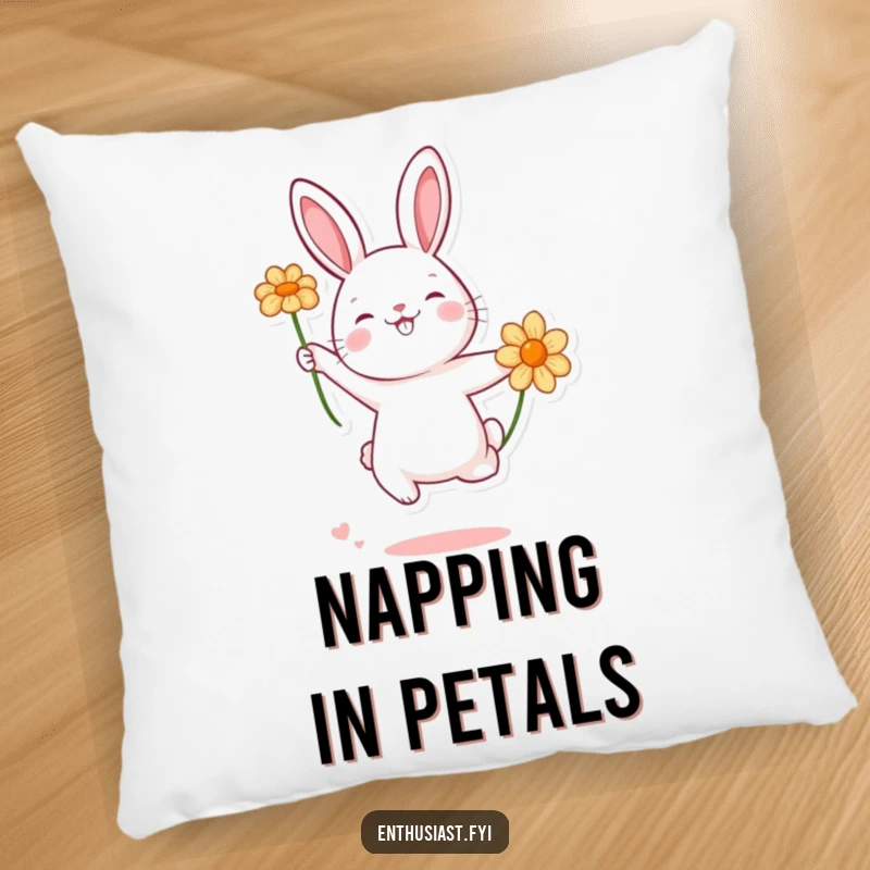 Funny rabbit character jumping enthusiastically towards a flower, soft and funny pillow for cozy home decor and laughter.