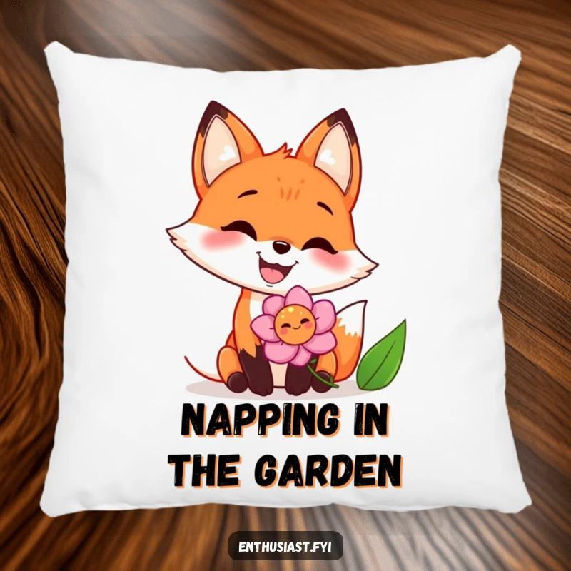 Funny pillow showing a happy fox with a wide grin enthusiastically sniffing a colorful flower, designed for comfort and amusement.