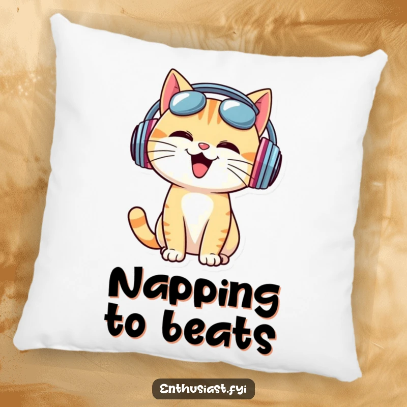 Funny Pillow: Cheerful cat wearing oversized headphones, bobbing head to music, a soft musical accent.