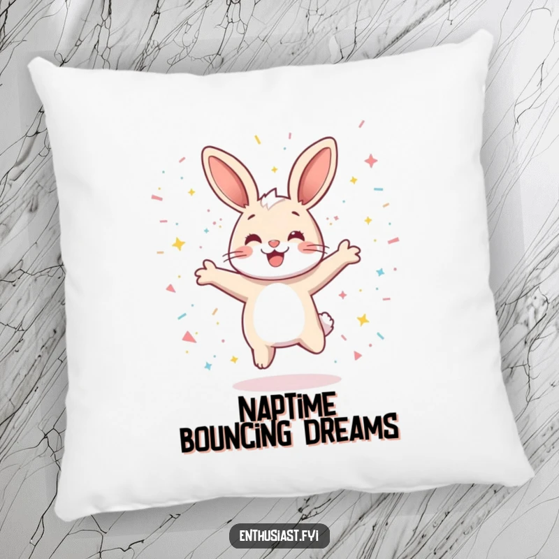 Funny pillow with a playful rabbit character jumping for joy, accented by sparkling confetti, creating a cheerful and cozy vibe.