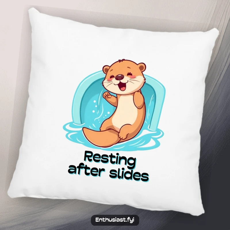 Funny Otter Pillow: A happy otter enthusiastically slides down a water slide, offering aquatic comfort and playful charm, an excellent funny gift.