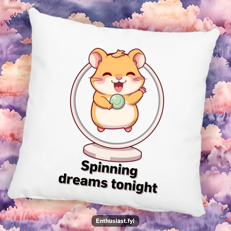 Funny pillow featuring a giggling hamster excitedly running on a spinning wheel, designed for comfort and amusement.