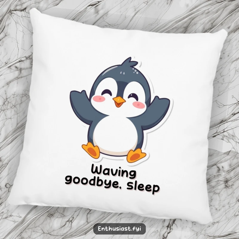 Funny pillow featuring a playful penguin character enthusiastically waving both flippers, perfect for adding a touch of cozy, cheerful comfort.