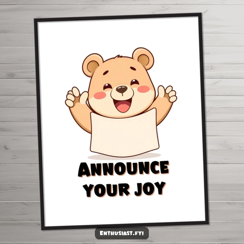 Funny bear digital art print of a happy bear waving a large banner with a wide grin, bringing cheer.