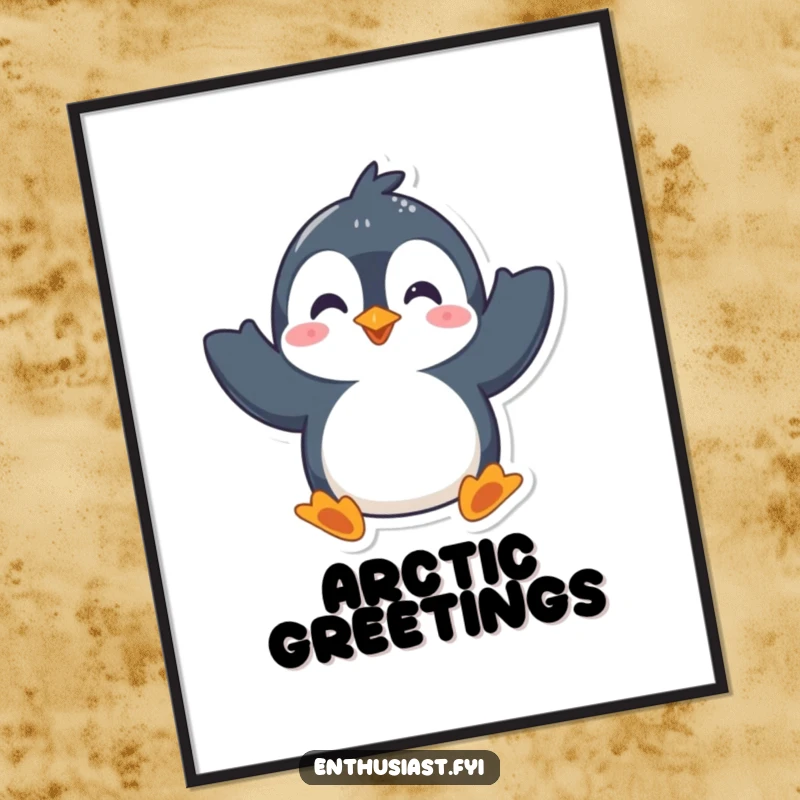 Funny digital art print of a playful penguin character enthusiastically waving both flippers, conveying a joyful and friendly greeting.