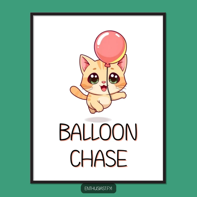 Funny Cat Balloon Digital Art: Character's Joyful Chase, Printable Decor for Cat Lovers