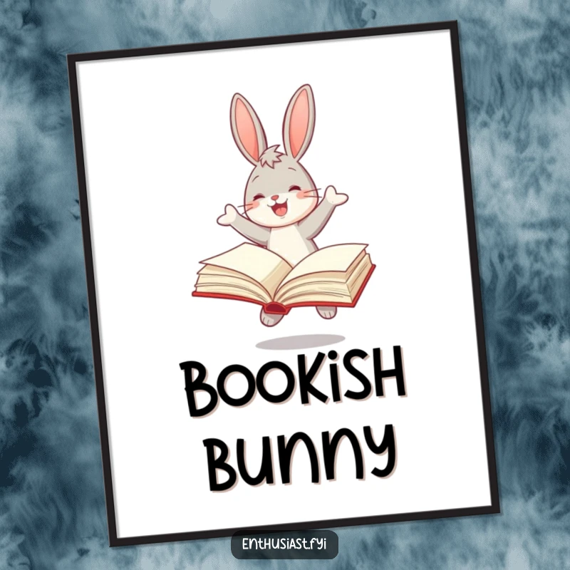Funny digital art print of a joyful bunny happily bouncing with a large, open book, creating a cheerful and literary atmosphere.