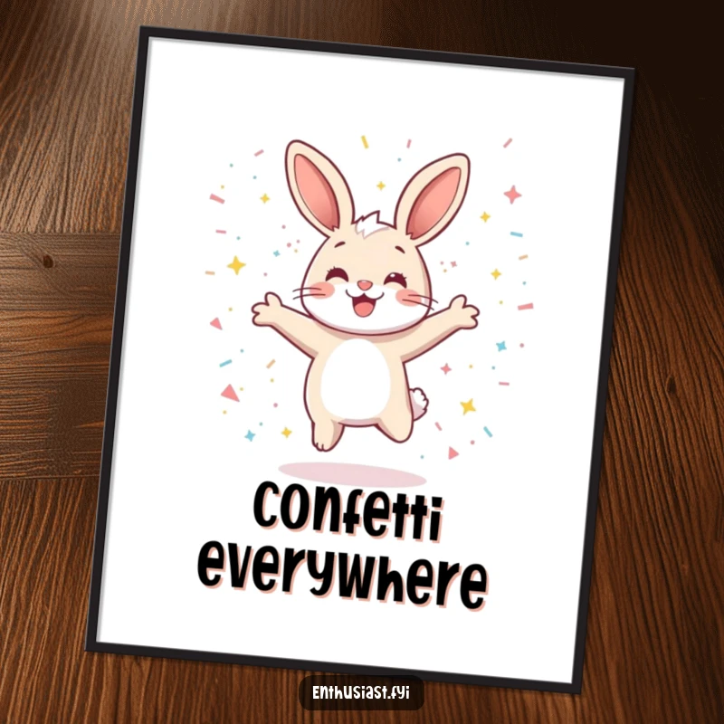 Funny digital art print of a playful rabbit character jumping joyfully, surrounded by a shower of sparkling confetti, vibrant and cheerful.