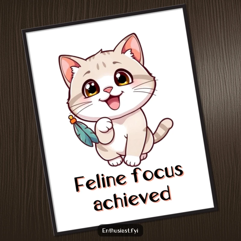 Funny cat digital art print of a cheerful cat with wide eyes, gleefully batting at a dangling feathered toy, vibrant and playful.